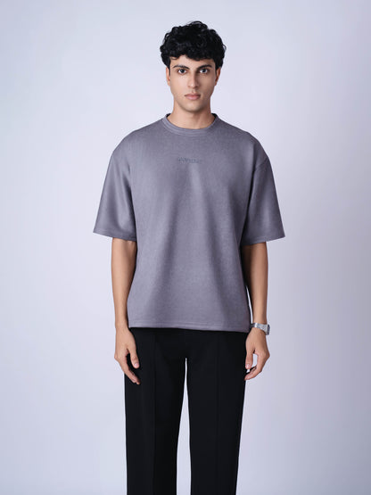 CHARCOAL EMBROIDERED SUEDE T-SHIRT