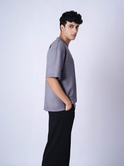 CHARCOAL EMBROIDERED SUEDE T-SHIRT