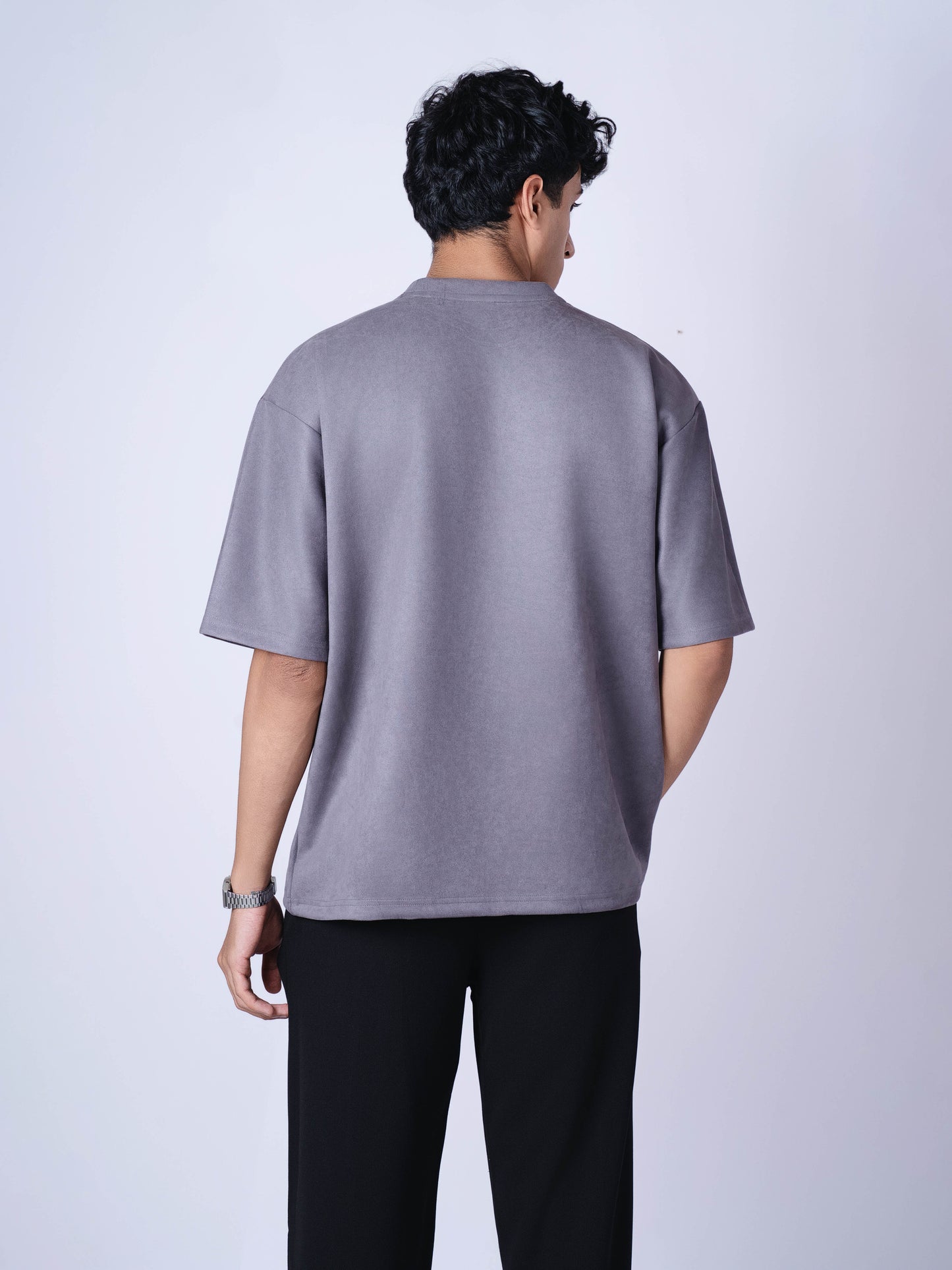 CHARCOAL EMBROIDERED SUEDE T-SHIRT
