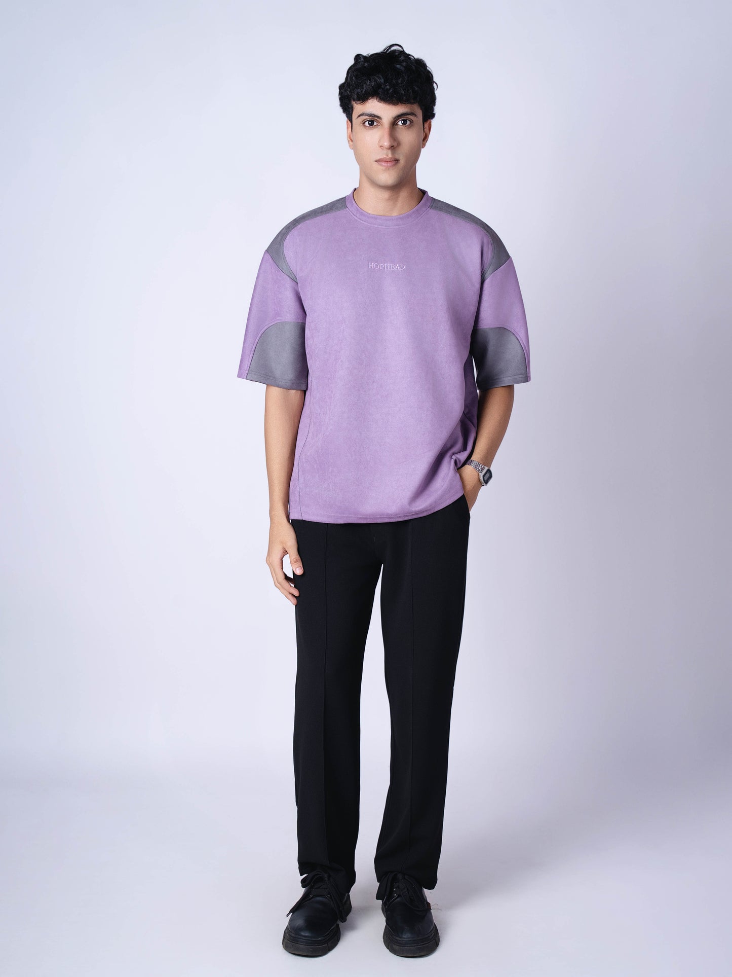 PURPLE AND CHARCOAL DUAL TONE SUEDE T-SHIRT