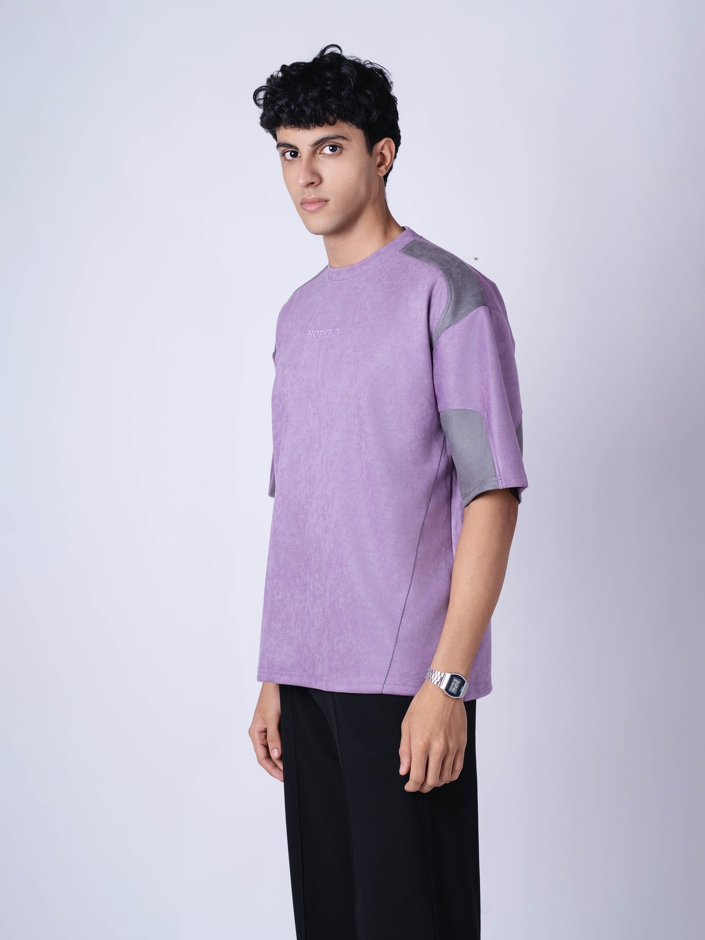PURPLE AND CHARCOAL DUAL TONE SUEDE T-SHIRT