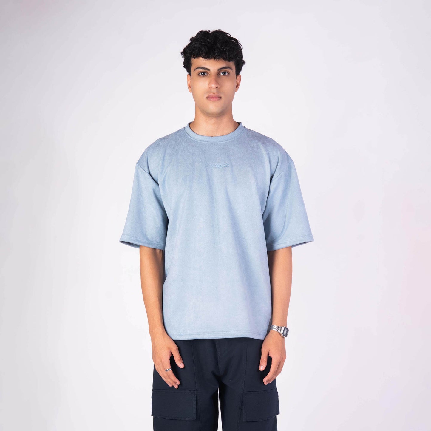 POWDER BLUE EMBROIDERED SUEDE T-SHIRT