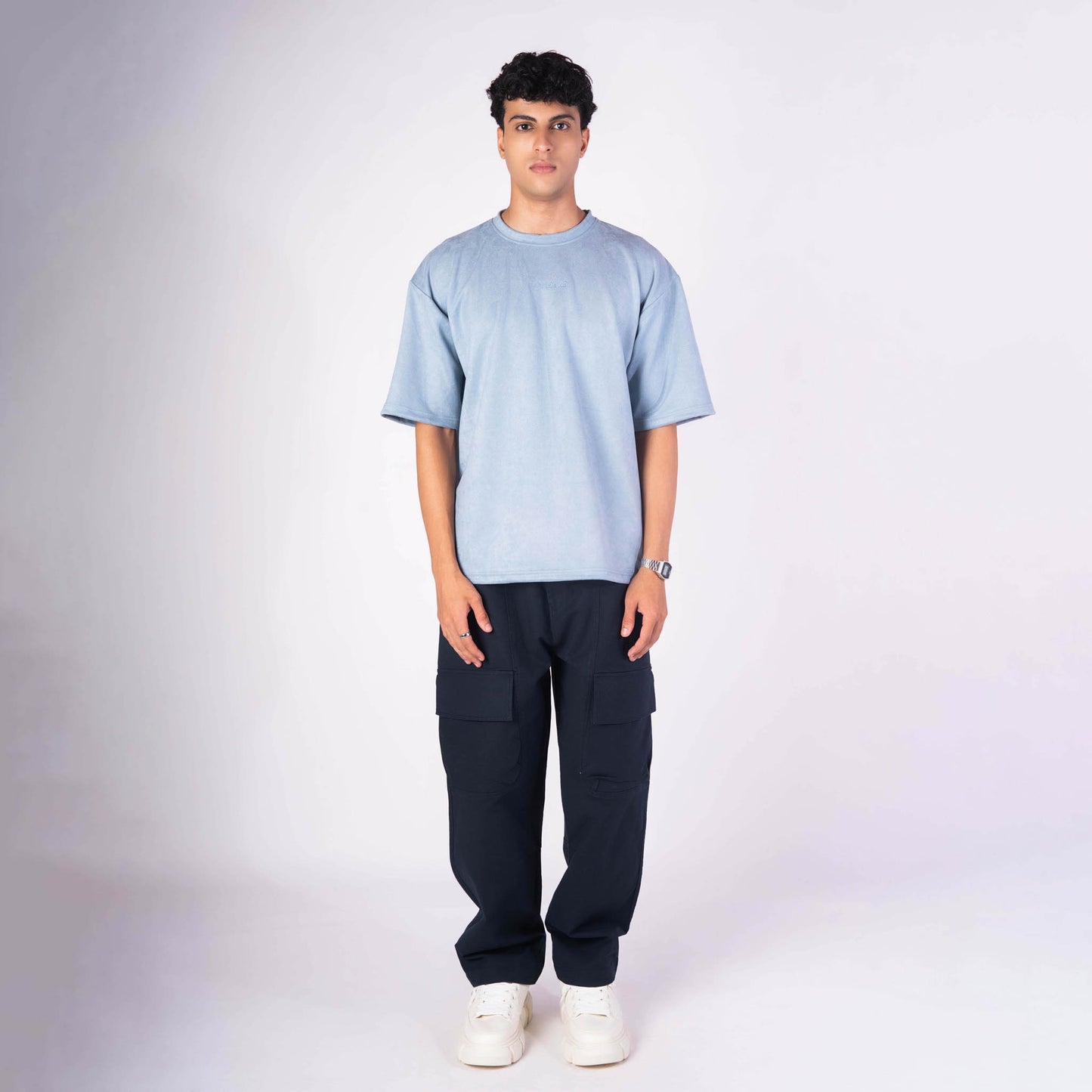 POWDER BLUE EMBROIDERED SUEDE T-SHIRT