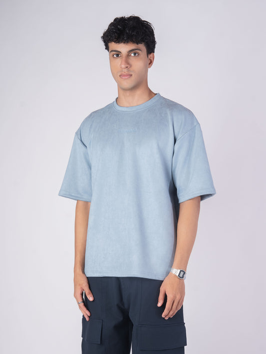 POWDER BLUE EMBROIDERED SUEDE T-SHIRT