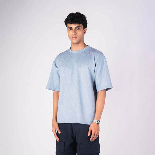 POWDER BLUE EMBROIDERED SUEDE T-SHIRT