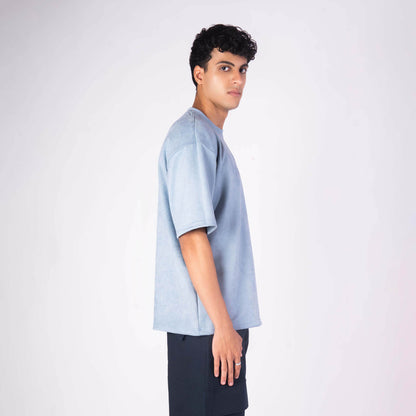 POWDER BLUE EMBROIDERED SUEDE T-SHIRT