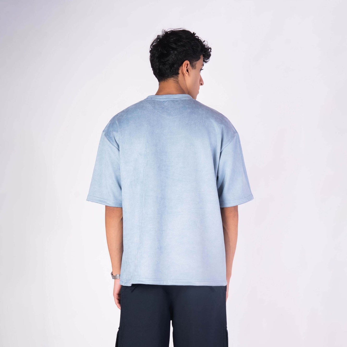 POWDER BLUE EMBROIDERED SUEDE T-SHIRT