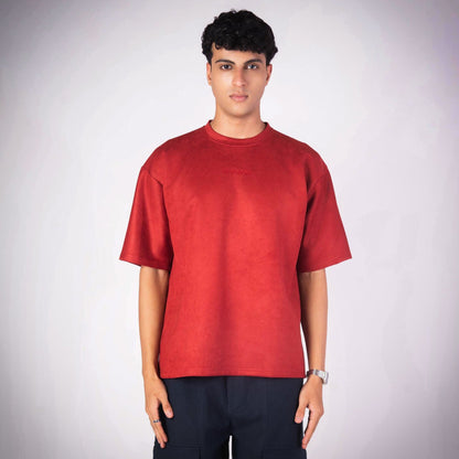 RED SUEDE EMBROIDERED T-SHIRT