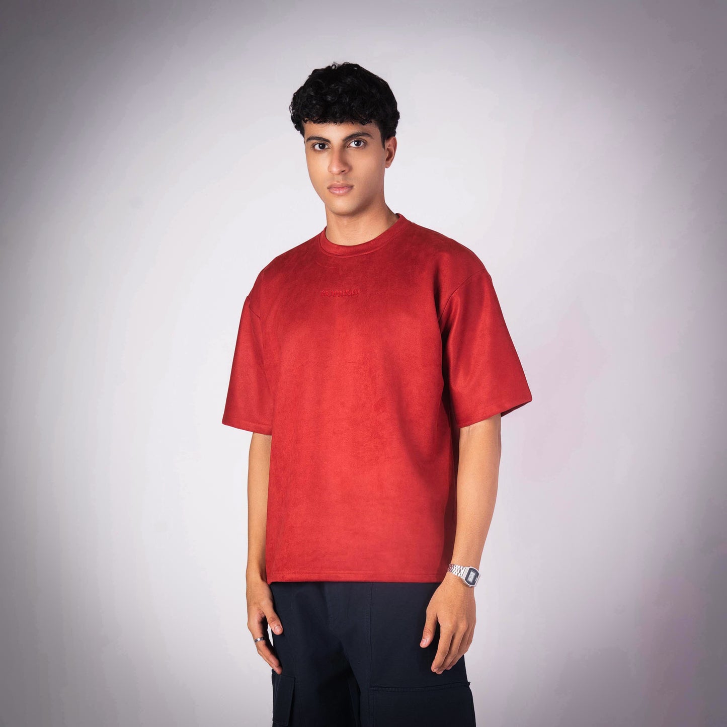 RED SUEDE EMBROIDERED T-SHIRT