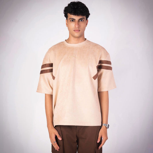 BISQUE STRIPED SHOULDER SUEDE T-SHIRT