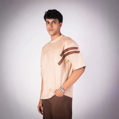 BISQUE STRIPED SHOULDER SUEDE T-SHIRT