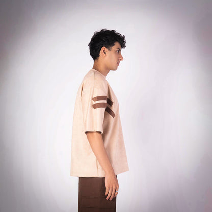 BISQUE STRIPED SHOULDER SUEDE T-SHIRT