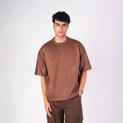 BROWN EMBROIDERED SUEDE T-SHIRT