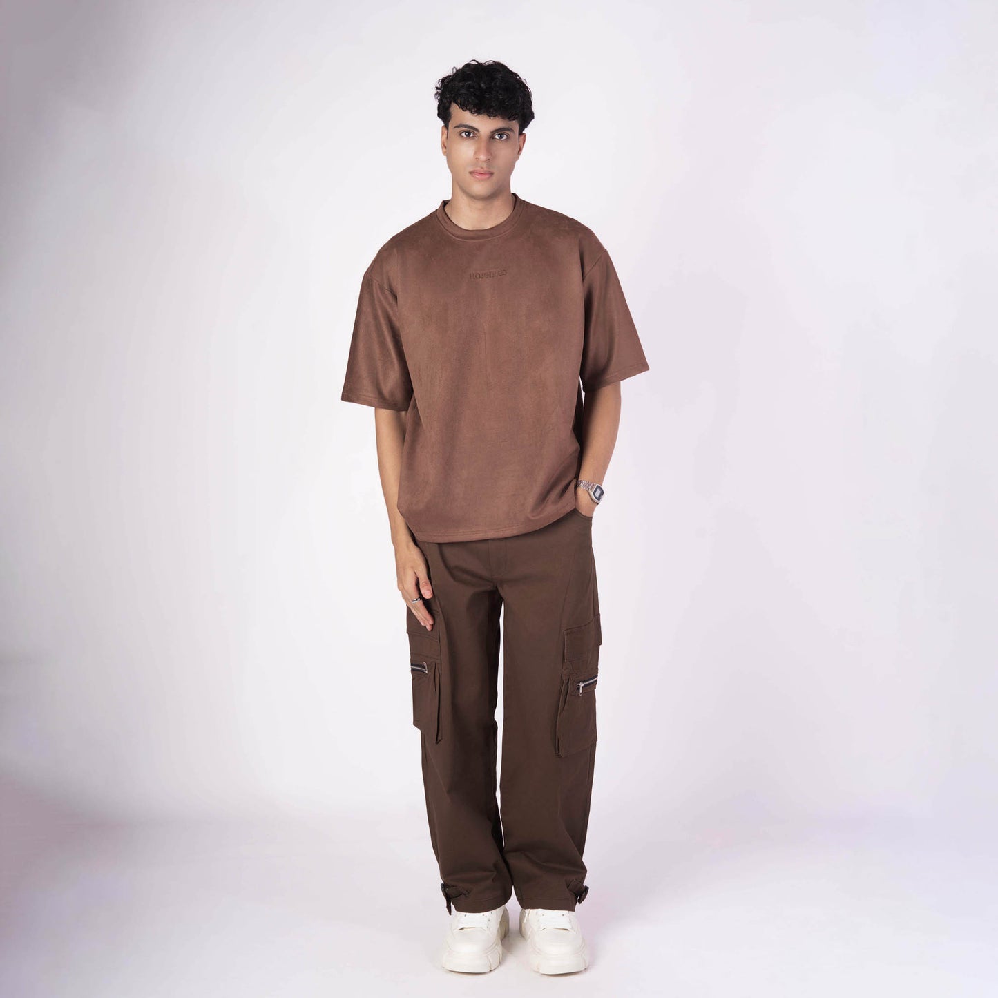 BROWN EMBROIDERED SUEDE T-SHIRT