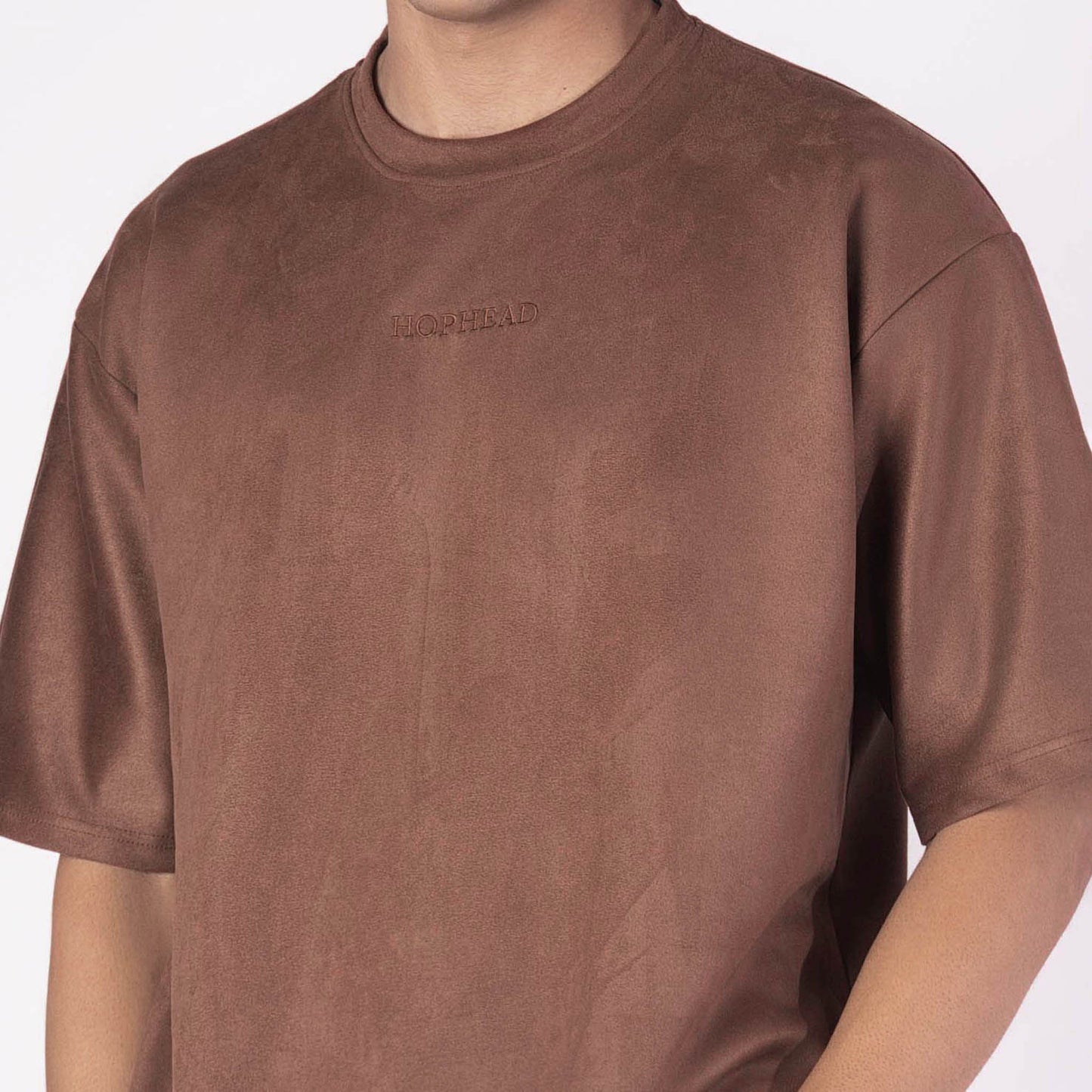 BROWN EMBROIDERED SUEDE T-SHIRT