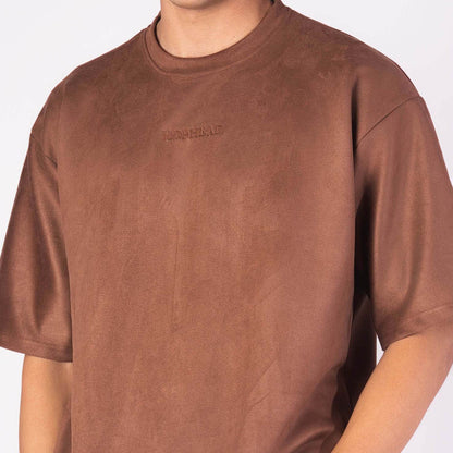 BROWN EMBROIDERED SUEDE T-SHIRT