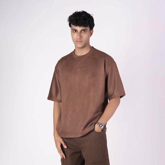 BROWN EMBROIDERED SUEDE T-SHIRT