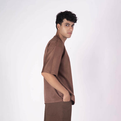 BROWN EMBROIDERED SUEDE T-SHIRT