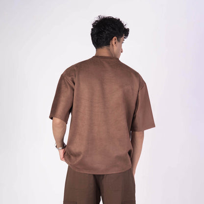 BROWN EMBROIDERED SUEDE T-SHIRT