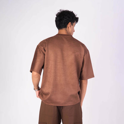 BROWN EMBROIDERED SUEDE T-SHIRT