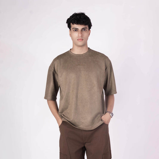 OAK BROWN SUEDE EMBROIDERED T-SHIRT