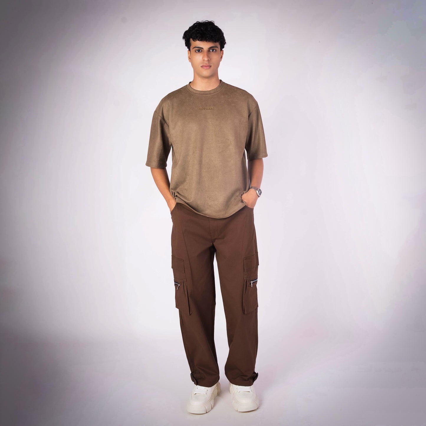 OAK BROWN SUEDE EMBROIDERED T-SHIRT