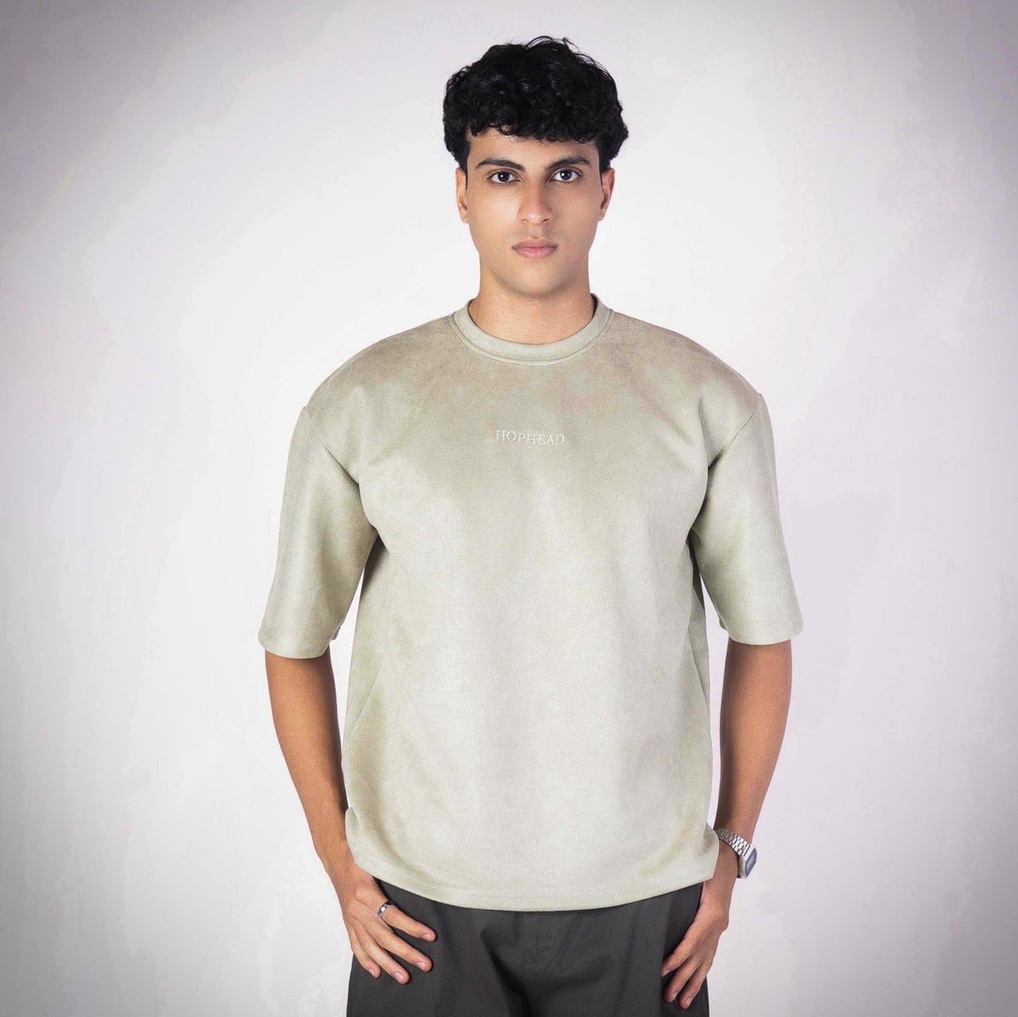 MOSS GREEN EMBROIDERED SUEDE T-SHIRT