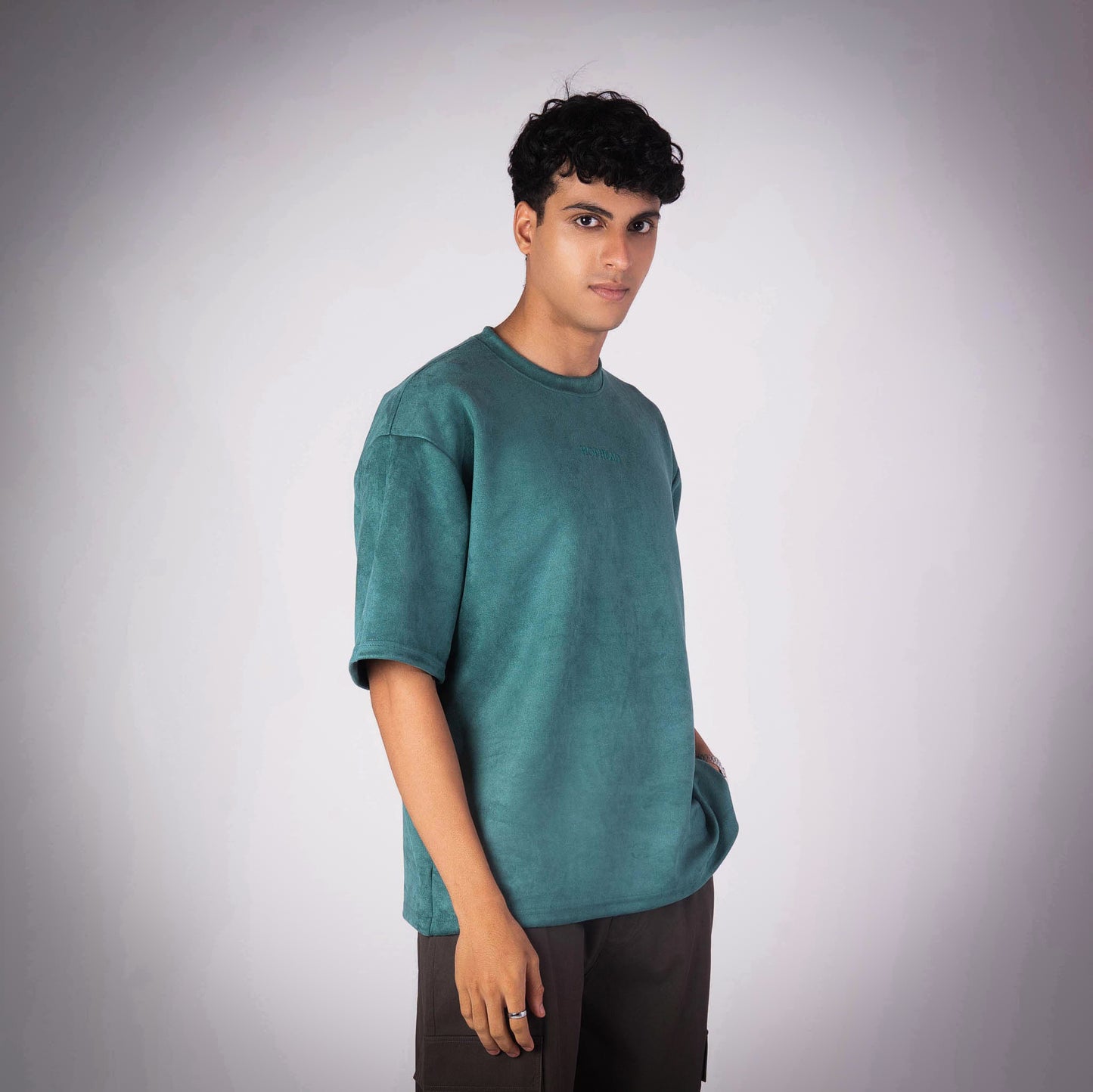 FOREST GREEN EMBROIDERED SUEDE T-SHIRT