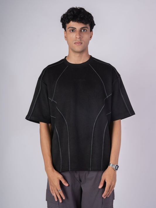 BLACK STITCH-LINE EMBROIDERED SUEDE T-SHIRT