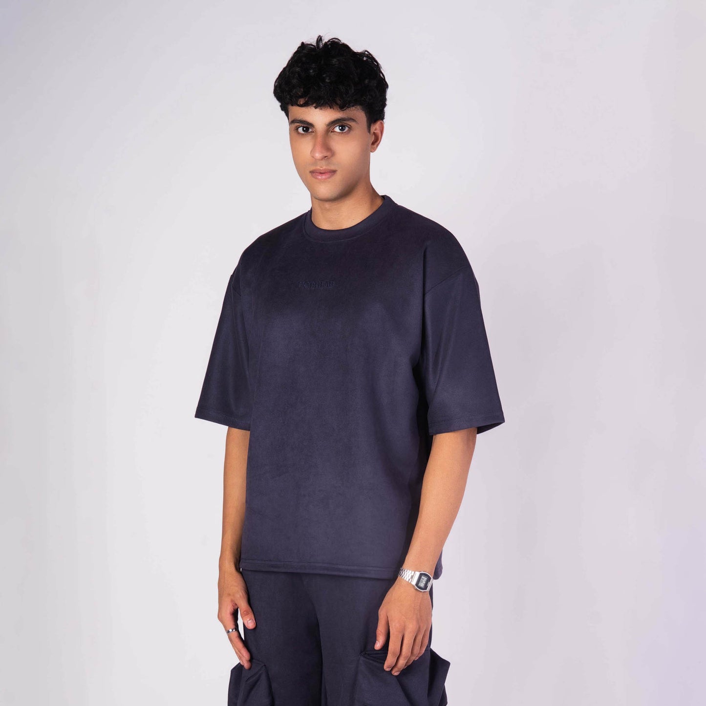 SPACE BLUE SUEDE EMBROIDERED T-SHIRT