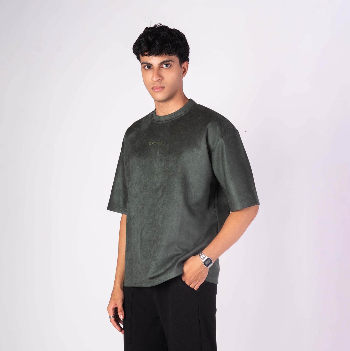 VINEYARD GREEN EMBROIDERED SUEDE T-SHIRT