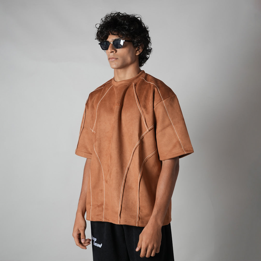 BROWN STITCH-LINE EMBROIDERED SUEDE T-SHIRT