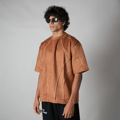 BROWN STITCH-LINE EMBROIDERED SUEDE T-SHIRT
