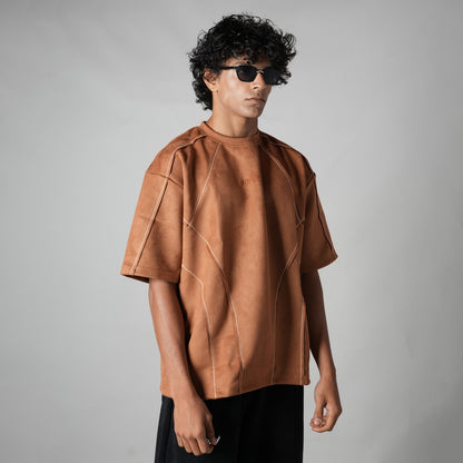 BROWN STITCH-LINE EMBROIDERED SUEDE T-SHIRT