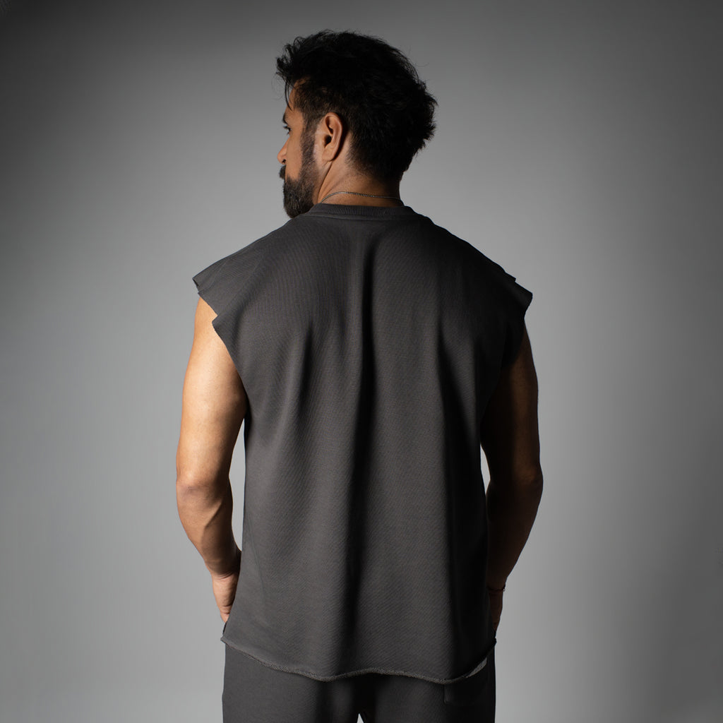 CHARCOAL SLEEVELESS RAW EDGE TSHIRT
