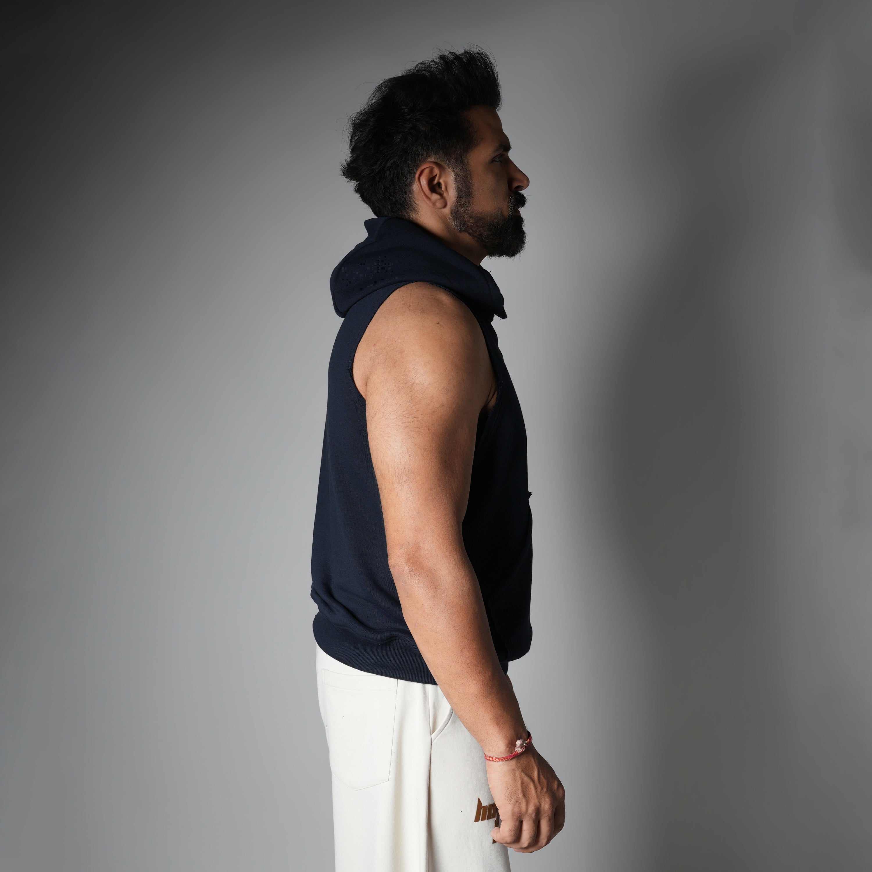 NAVY BLUE RAW EDGE SLEEVELESS HOODIE