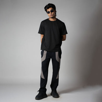 NAVY  FRONT PATCH PATCHWORK SWEATPANTS