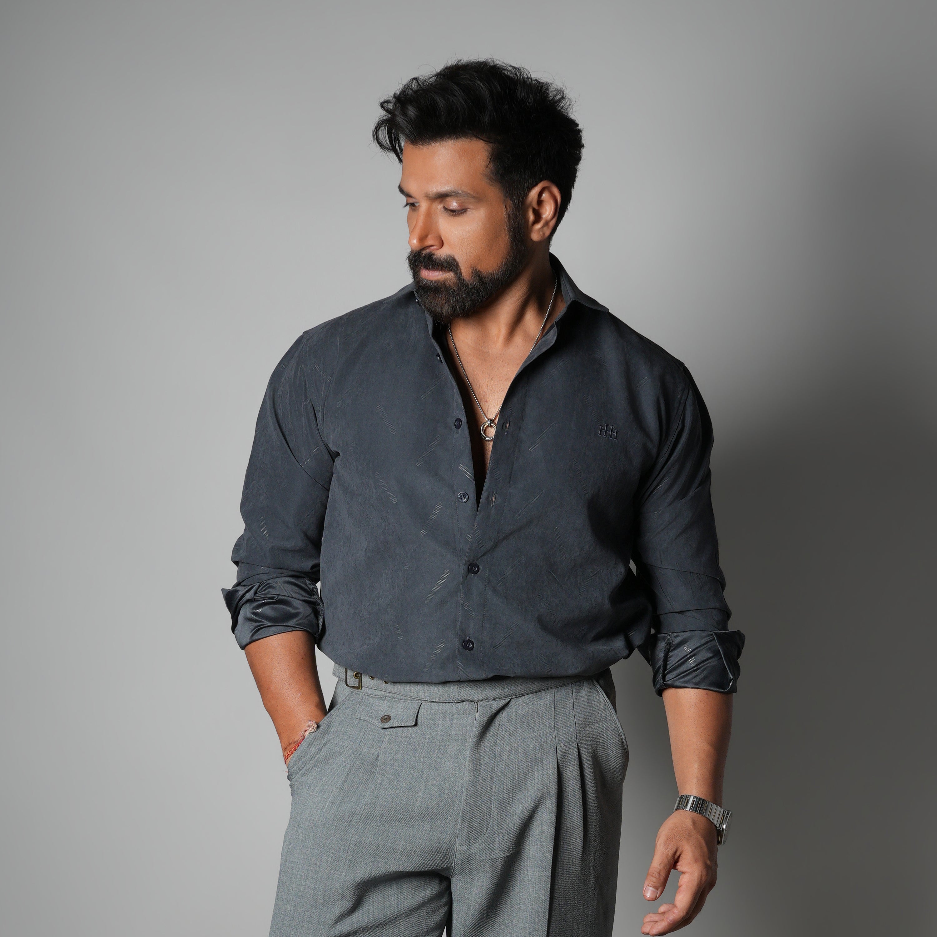 CHARCOAL SUEDE LASER LUXE SHIRT