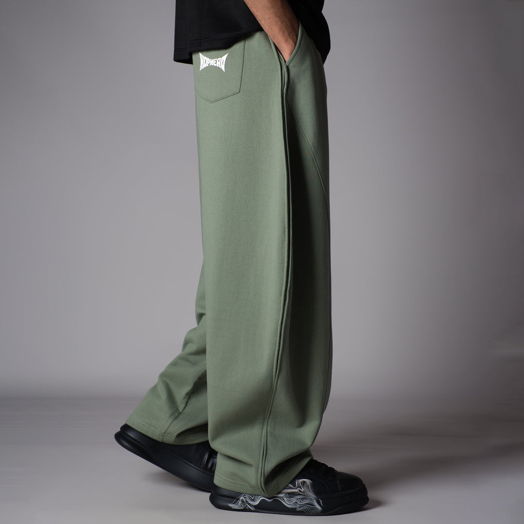 GREEN PANELLED FLEECE BAGGY SWEATPANTS