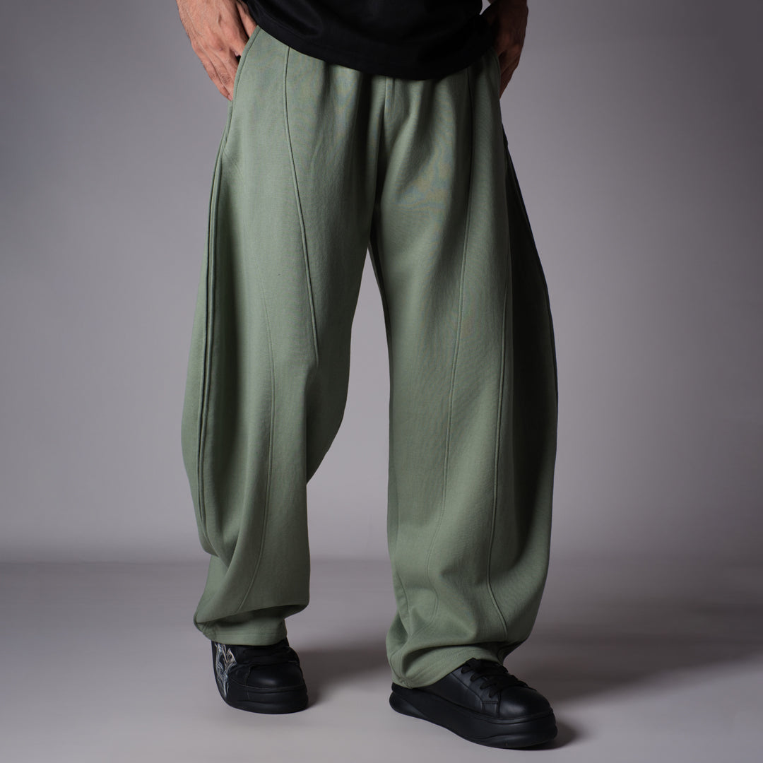 GREEN PANELLED FLEECE BAGGY SWEATPANTS