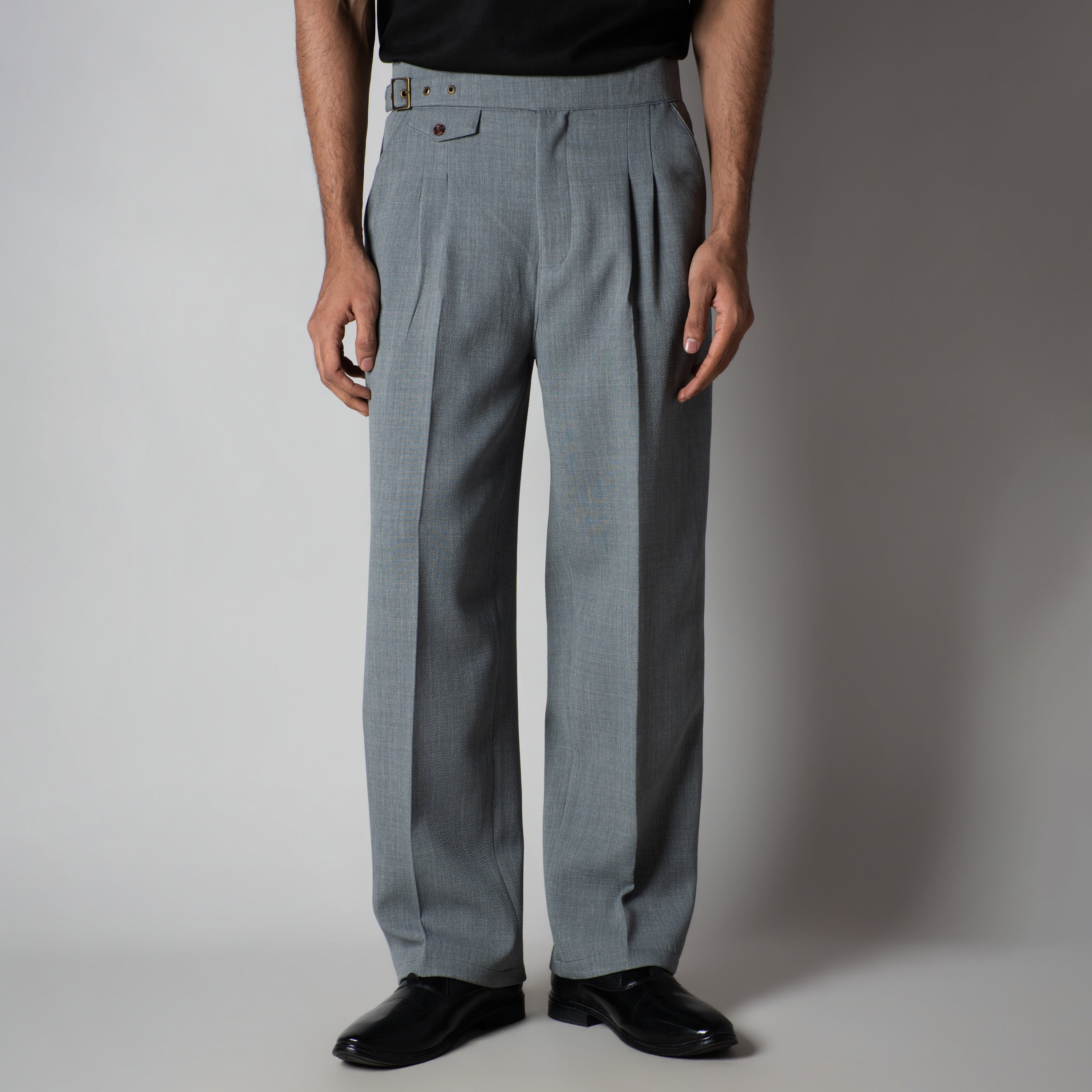 GREY VINTAGE BUCKLE PLEATED TROUSER