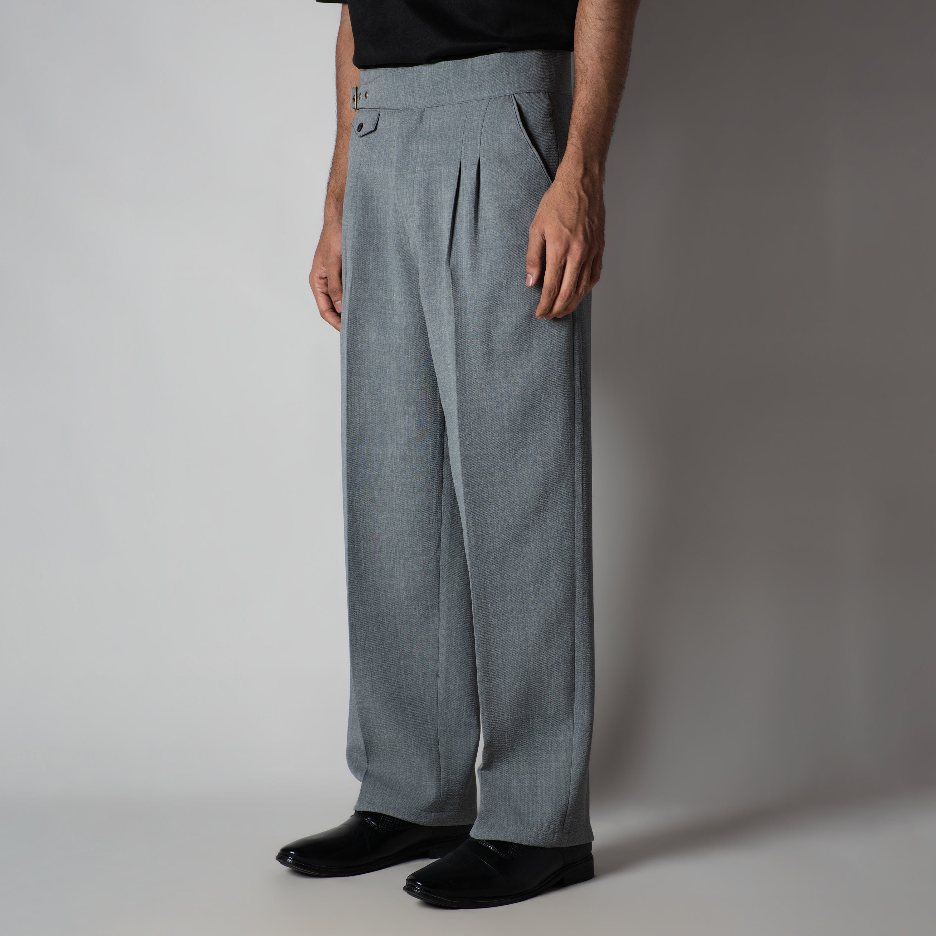 GREY VINTAGE BUCKLE PLEATED TROUSER