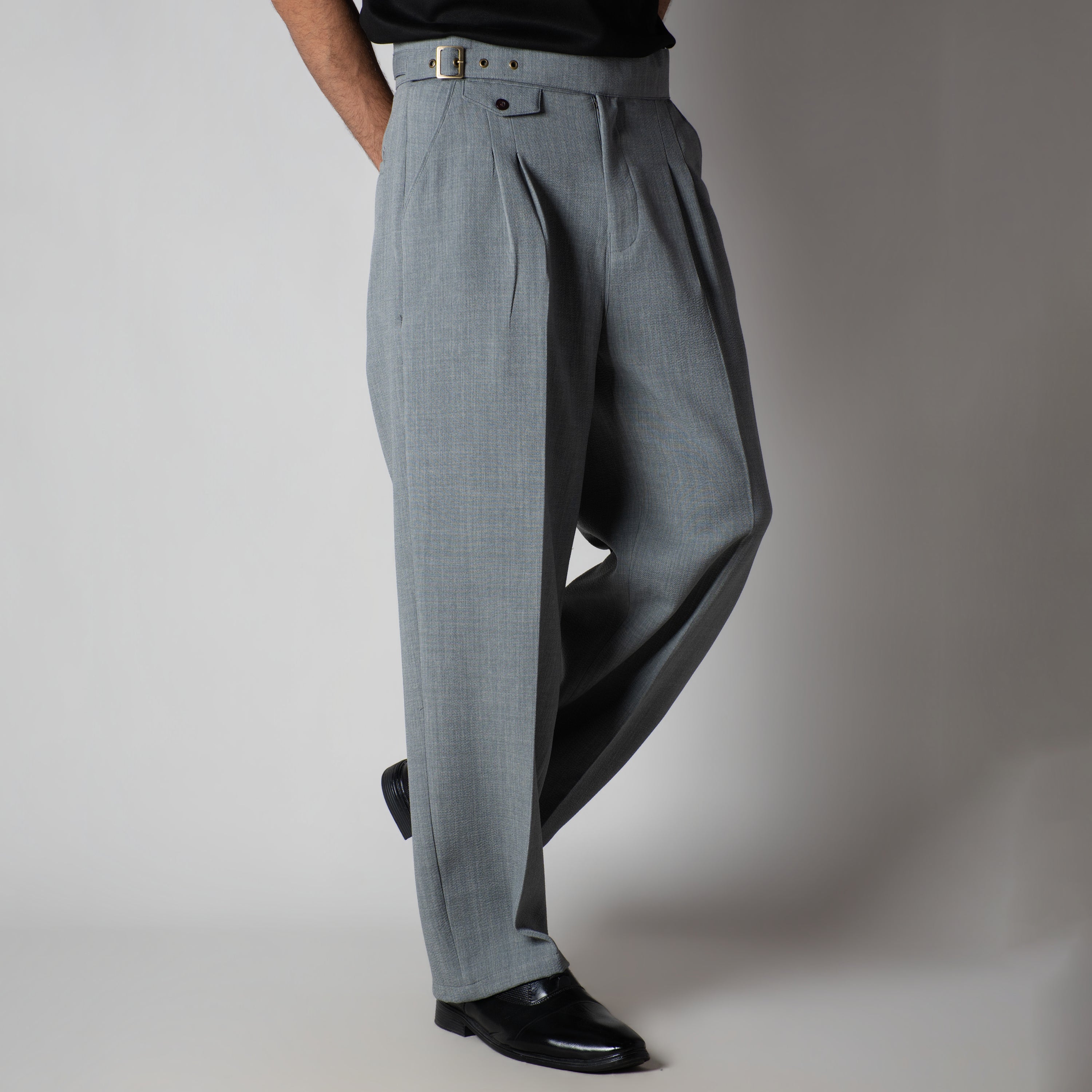 GREY VINTAGE BUCKLE PLEATED TROUSER