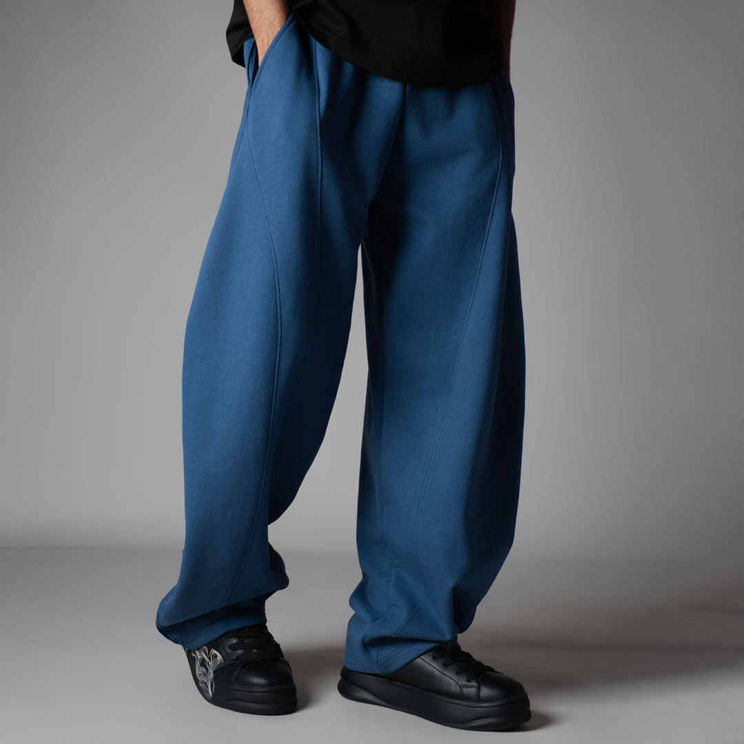 BLUE PANELLED FLEECE BAGGY SWEATPANTS
