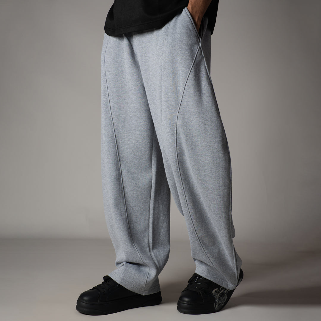 GREY MILANGE PANELLED FLEECE BAGGY SWEATPANTS