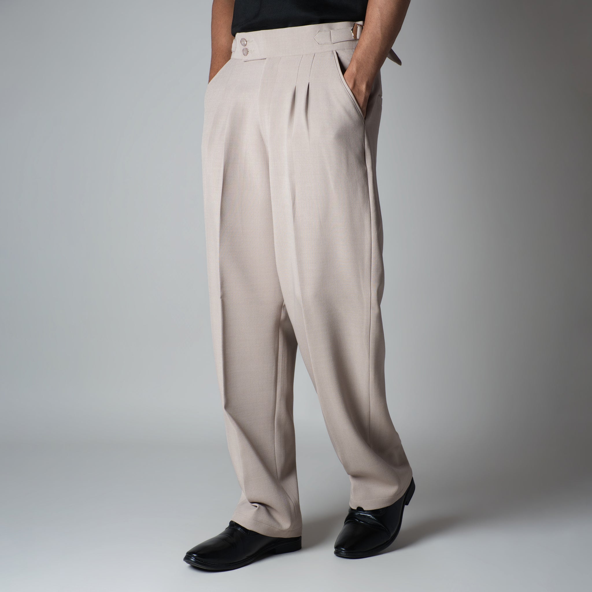 BEIGE DOUBLE PLEAT STRAIGHT FIT TROUSER