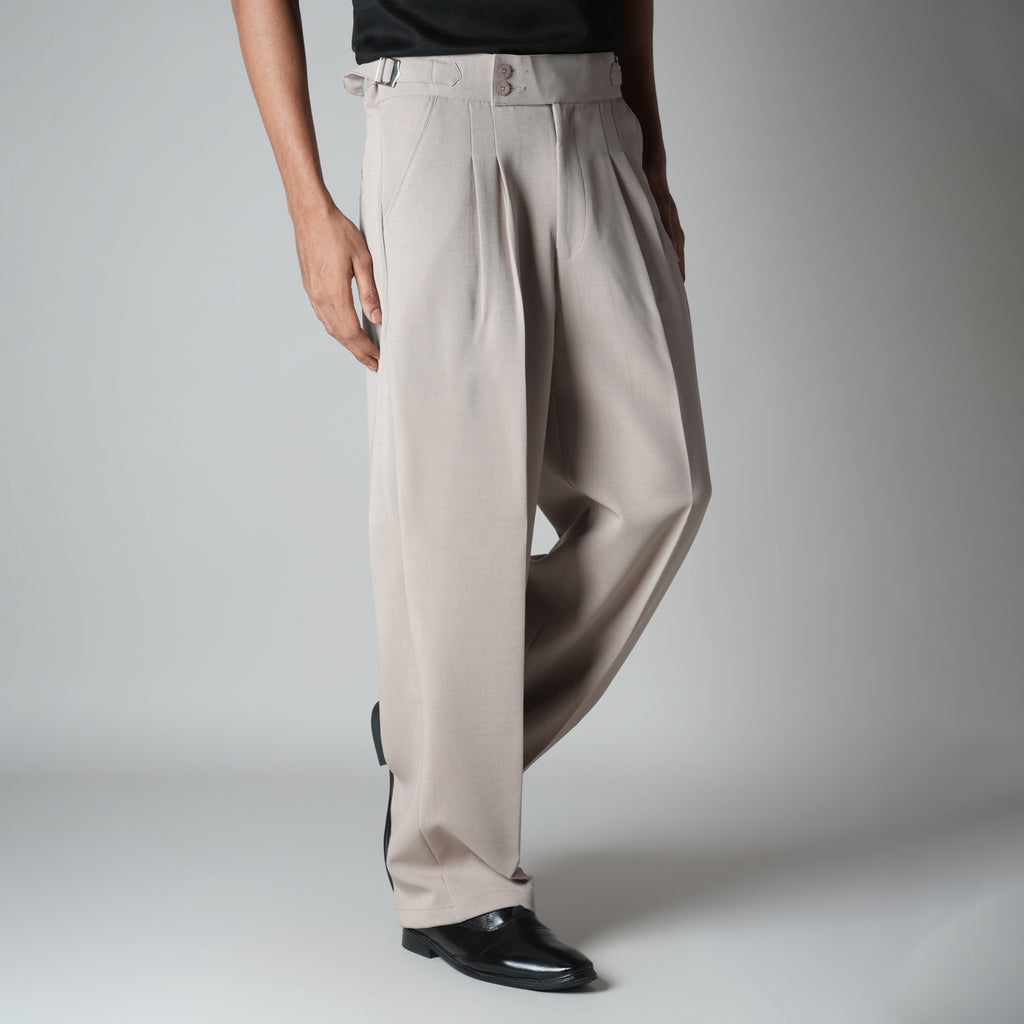 BEIGE DOUBLE PLEAT STRAIGHT FIT TROUSER