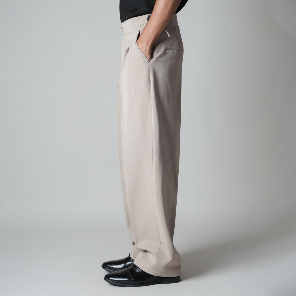BEIGE DOUBLE PLEAT STRAIGHT FIT TROUSER