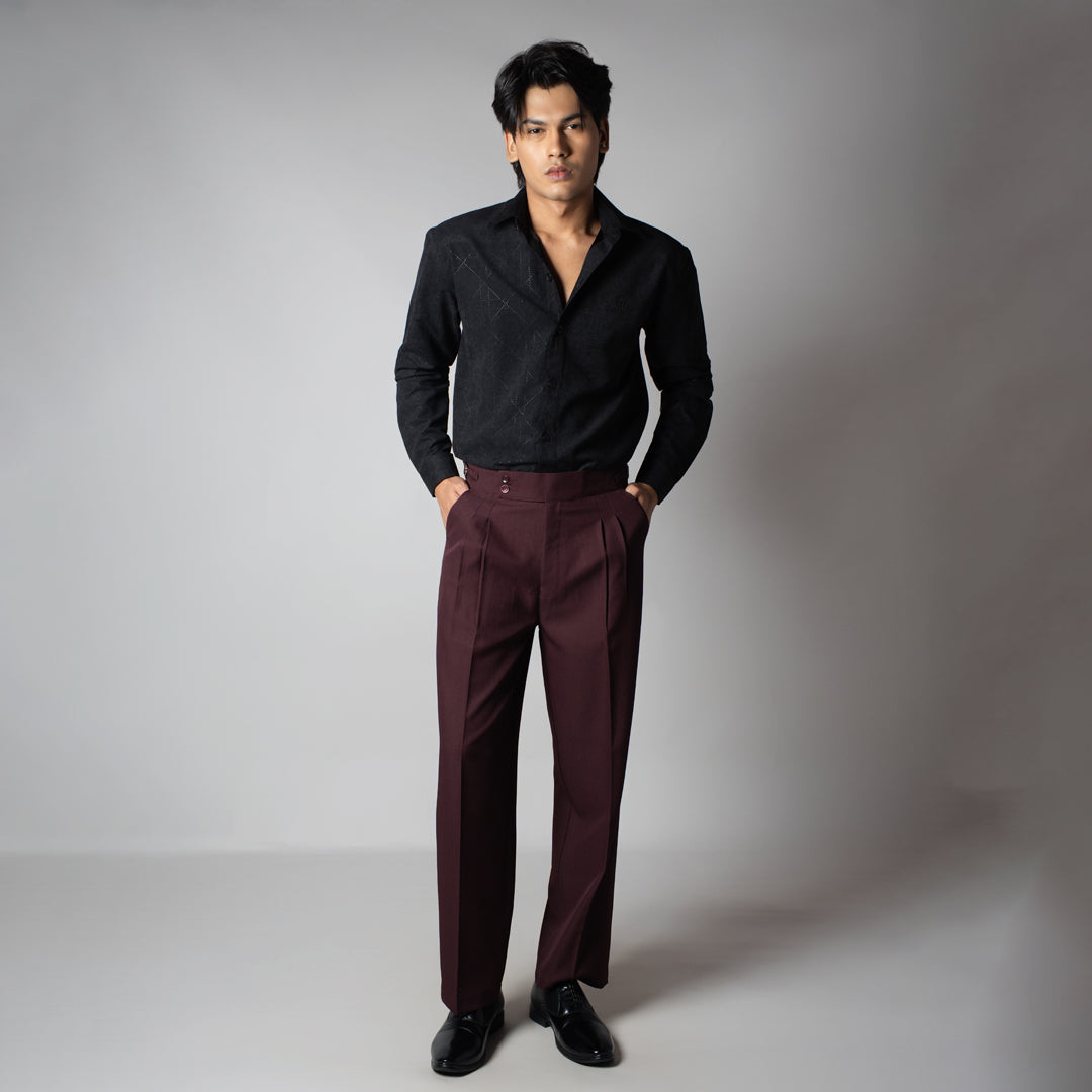 WINE DOUBLE PLEAT STRAIGHT FIT TROUSER