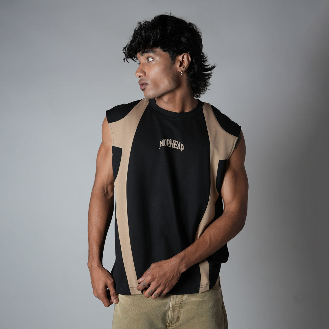 BLACK CUT & SEW SLEEVELESS T-SHIRT